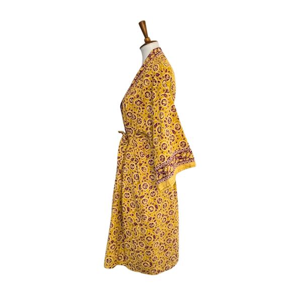 Vintage Boho Golden Yellow Floral Robe Kimono Wrap – Small, Artisan Cotton Blend - Picture 6 of 7
